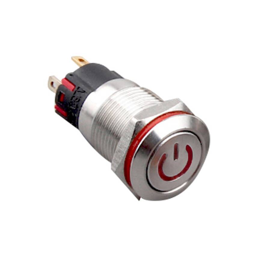 12A-P1Z-C Düz Anahtarlı Işıklı Power Metal Buton 12mm - Kırmızı - 1