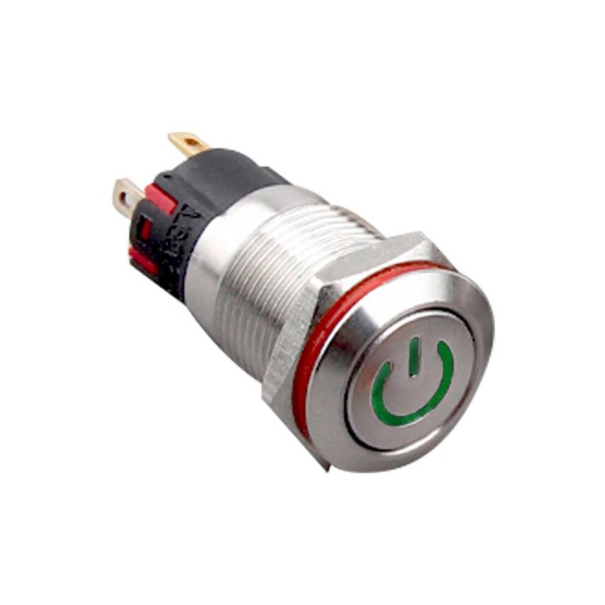 12A-P1Z-C Düz Anahtarlı Işıklı Power Metal Buton 12mm - Yeşil - 1