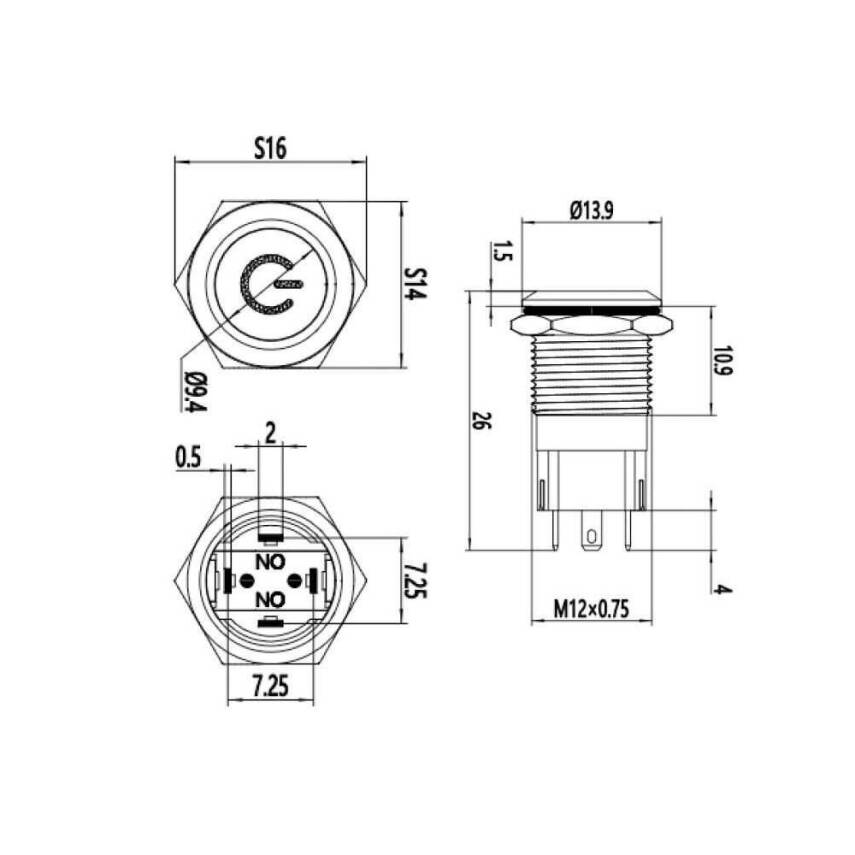 12A-P1Z-C Düz Anahtarlı Işıklı Power Metal Buton 12mm - Yeşil - 2