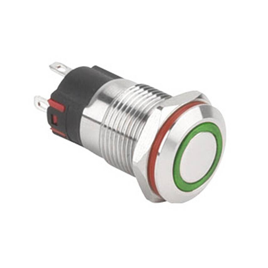 12A-P1Z-E Düz Anahtarlı Işıklı Metal Buton 12mm - Yeşil - 1