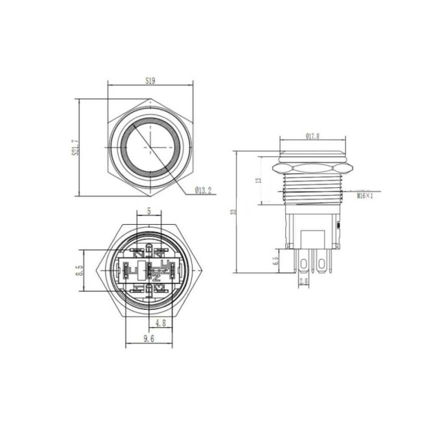 16A-P1Z-E Düz Anahtarlı Işıklı Metal Buton 16mm - Kırmızı - 2