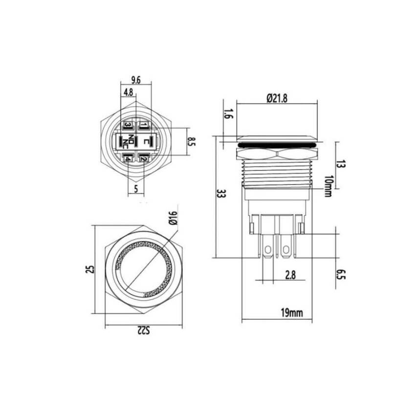 19A-P1Z-E Düz Anahtarlı Işıklı Metal Buton 19mm - Mavi - 2