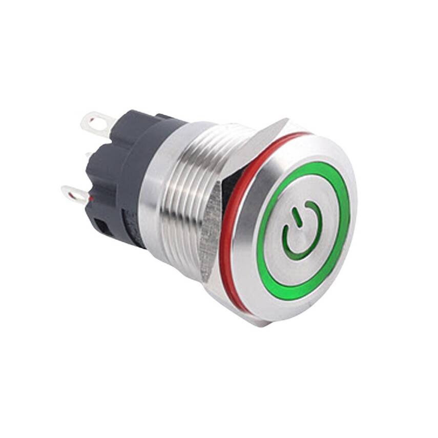 19A-P1Z-EC Düz Anahtarlı Işıklı Power Metal Buton 19mm - Yeşil - 1