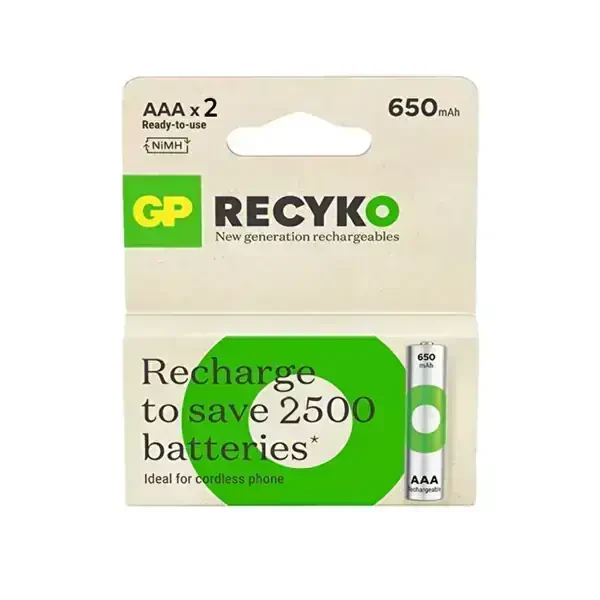 GP Recyko 650mAh AAA Şarj Edilebilir İnce Kalem Pil 2'li - 1