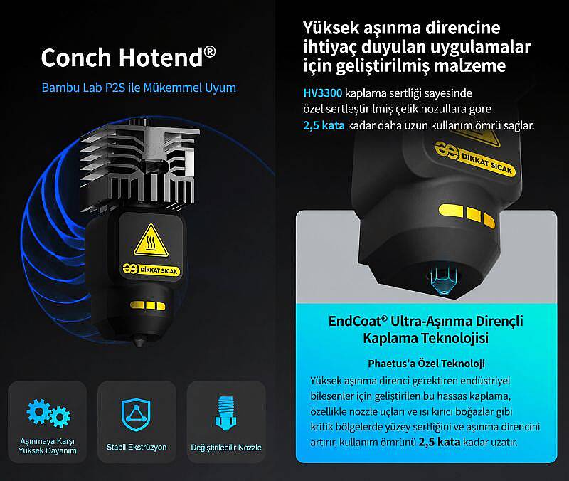 Phaetus Conch M4 Hotend - Bambu Lab P2S Uyumlu 0.4 mm Değiştirilebilir Nozzle - 2