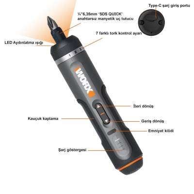 WORX Şarjlı Tornavida WX242 4V2Ah Li-ion Akıllı Tork Ayarlı + 30 Adet Bits Uç - 6 data-big=