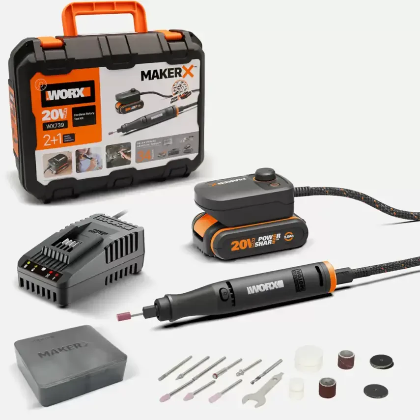 WORX WX739 MAKERX 20Volt 2.0Ah. Kömürsüz Profesyonel Kalem Tipi Devir Ayarlı Gravür Seti + 34 Parça aksesuar - Markasız