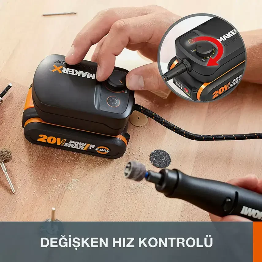 WORX WX739 MAKERX 20Volt 2.0Ah. Kömürsüz Profesyonel Kalem Tipi Devir Ayarlı Gravür Seti + 34 Parça aksesuar - 2